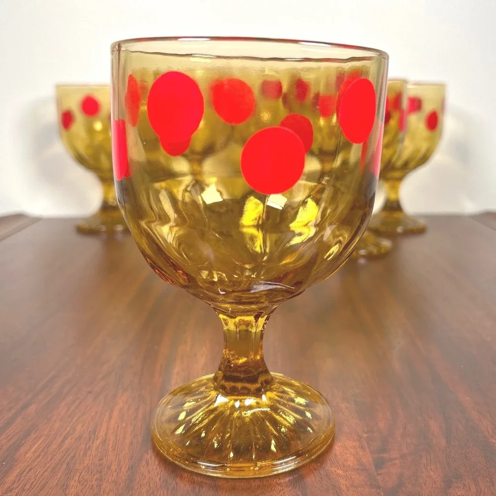 Anchor Hocking Amber Glass Red Polka Dot Goblets MCM Mid Century Barware SIX